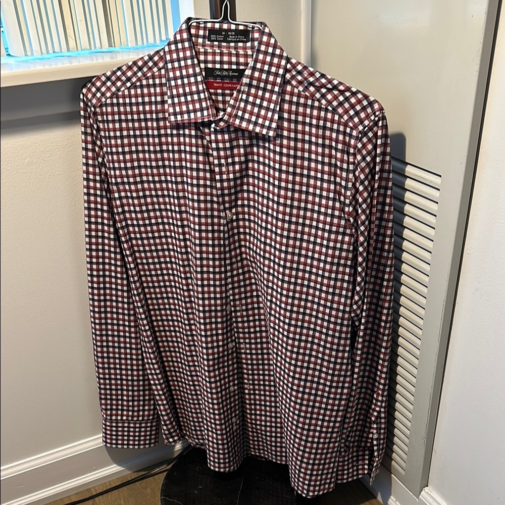 Saks Fifth Avenue Red and White Checkered Casual Button Down Shirt
